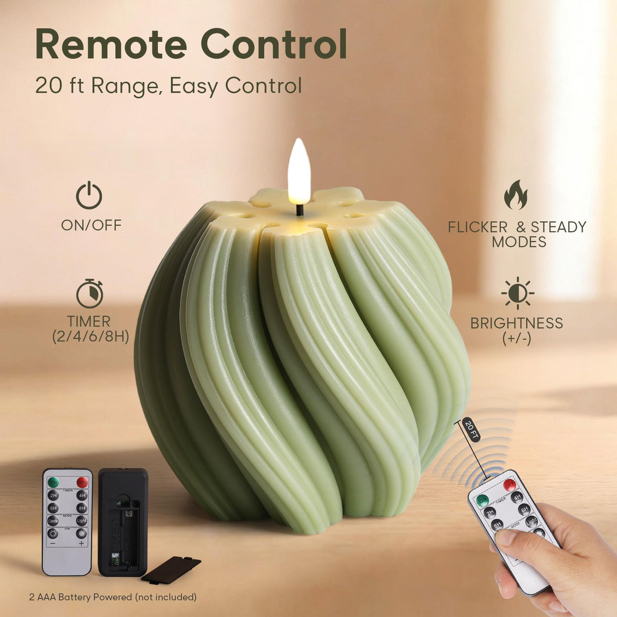 Girimax Sage Green Swirl Flameless Candle with Remote Timer