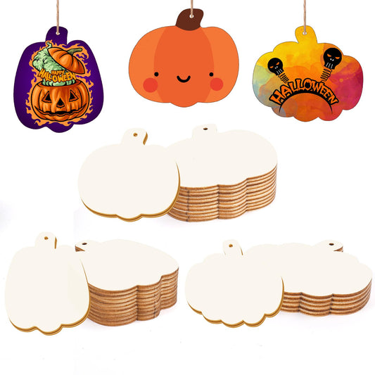 Pumpkin 30Pcs Unfinished Wooden Ornaments Halloween Thanksgiving Autumn Paintable Blank Pumpkin Cutouts Hanging Wood Slices DIY Craft for Kids Art Crafts Party Supplies