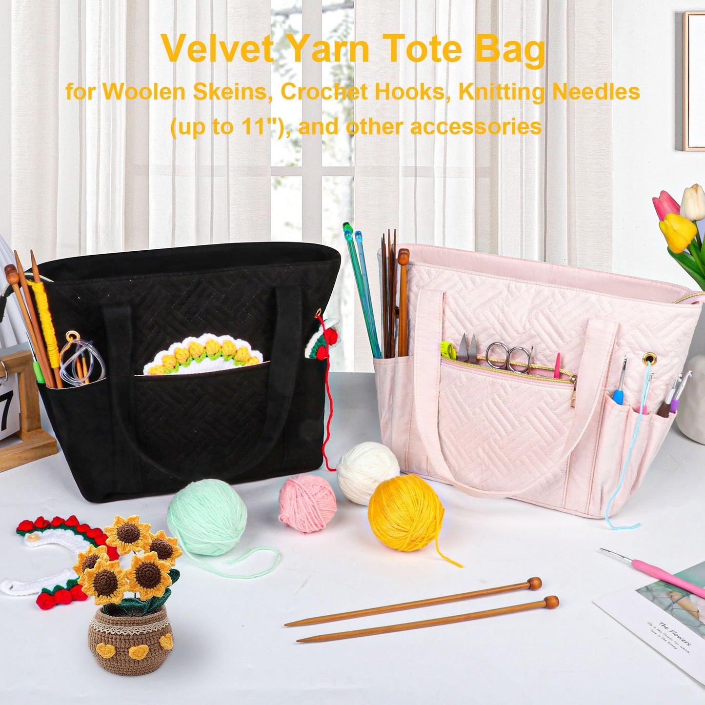 Crochet Bag Organizer for Yarn Storage, Velvet Knitting Tote Bag with Double Handle for Crochet Accessories, Portable Travel Case for Yarn Balls, Crochet Hooks& Knitting Needles Holder (Black)