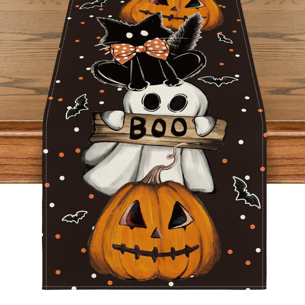 Artoid Mode Polka Dot Ghost Pumpkin Cat Boo Halloween Table Runner, Bat Seasonal Fall Kitchen Dining Table Decoration for Home Party Decor 13x72 Inch