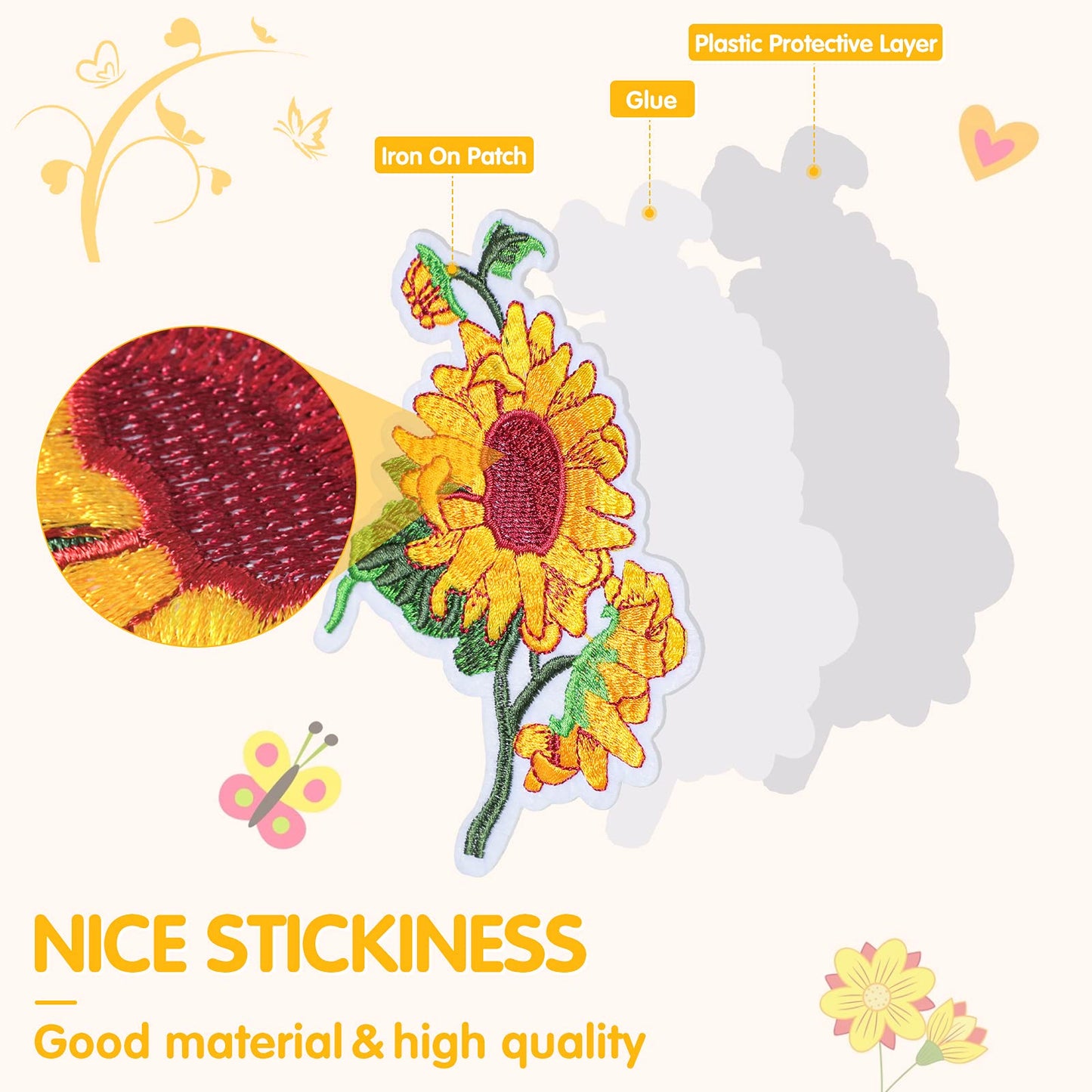 55 Pieces Embroidered Flowers Iron on Patches Butterfly Sew on Patch Sunflowers Appliques Patches Bee Embroidered Patches Decoration DIY Craft Patches for Clothes Jackets Jeans Dress Pants Decor