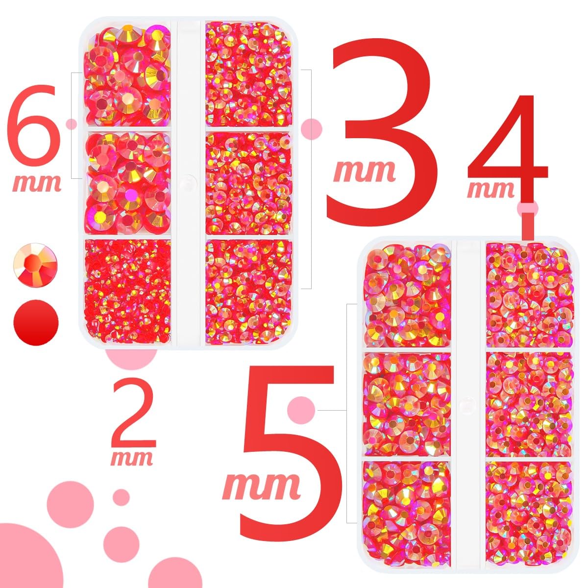 qiipii Red AB Resin Rhinestones for Crafting 2mm 3mm 4mm 5mm 6mm Flatback Jelly Stones Gems Diamonds Crystals for Nails Face Eyes Makeup Tumblers Mugs Bottles DIY Crafts Clothes Shoes Phones Bookes