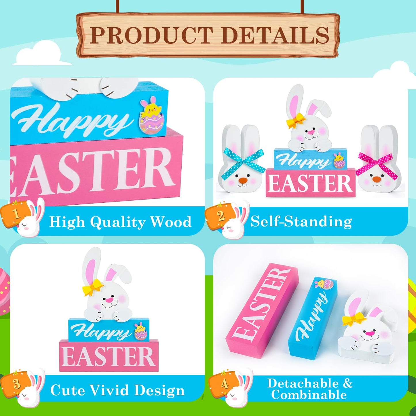 5 Pcs Easter Decorations for the Home Happy Easter Bunny Wooden Block Table Sign with 2 Wooden Easter Bunny Table Decor Set Rustic Spring Table Easter Decorations for Easter Holiday Tabletop Party