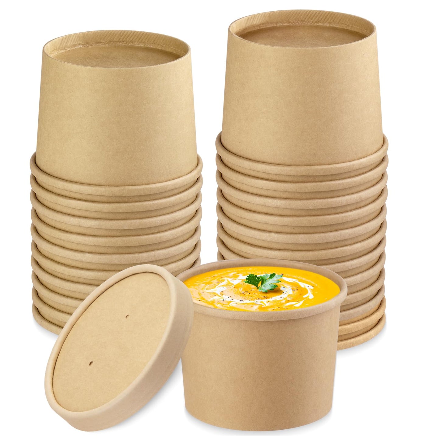 12 oz 25 Pack Paper Soup Containers with lids, Disposable Kraft Food Cups, Soup Cups Paper Ice Cream Cup, Dessert Cup, Yogurt Ice Cream Containers. Great For Restaurants, Take Outs, or To-Go Lunch