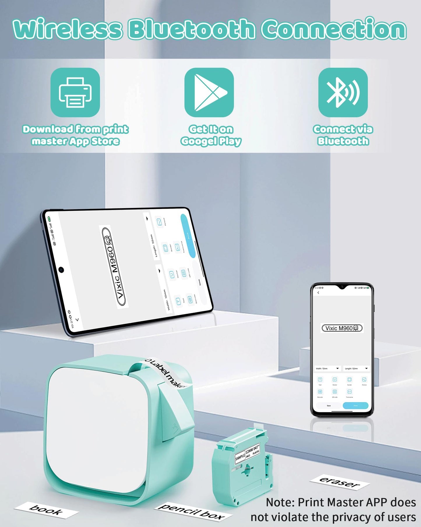 Vixic Bluetooth Label Maker - Rechargeable Mini Labeler Machine with Tape, M960 Label Sticker Portable Printer, Multiple Icon Fonts for Kids School Home Business Office Organization