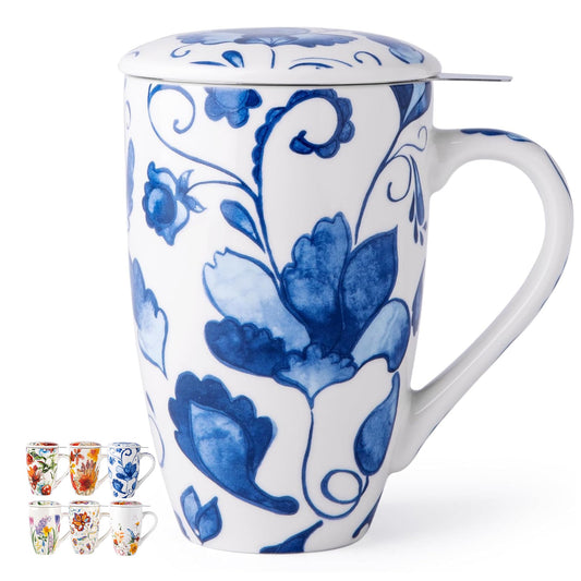 Tea Mug with Infuser and Lid, 18 Ounce Large Ceramic Loose Leaf Cup, Microwave, Dishwasher Safe, Perfect for Tea Lovers