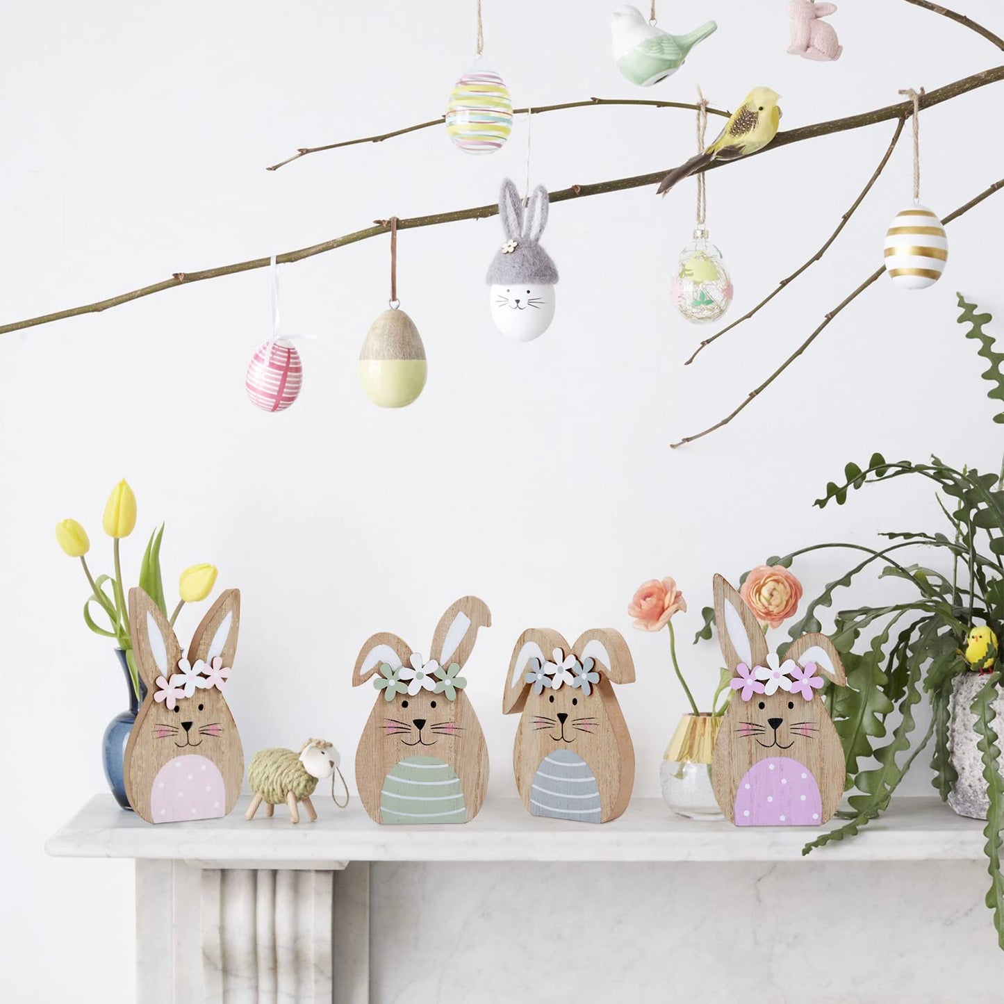 4 Pack Wooden Easter Bunny Table Decorations Easter Peeps Decor Spring Wood Bunnies Rabbit Ornament Farmhouse Tabletop Decor for Party Tiered Tray Mantle Desk Office Home Party Patio Yard Decor