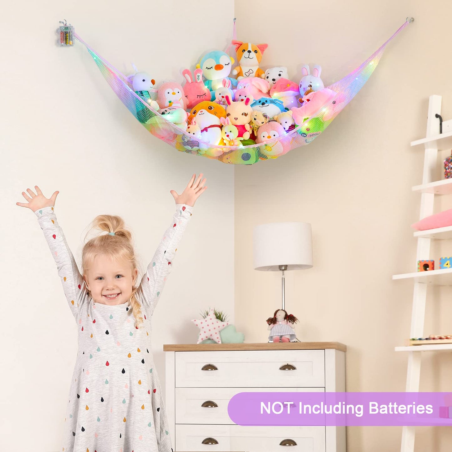 Stuffed Animal Net Hammock Kids Toy Storage with LED Light Plush Toy Organizer Corner Hanging Stuffed Animal Holder For Nursery Kids Girls Room Decor