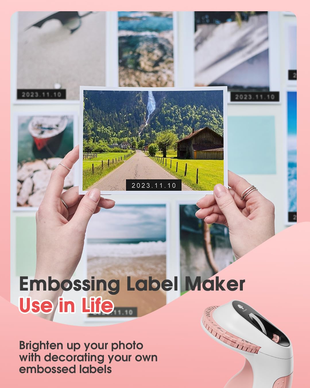 Phomemo E975 Embossing Label Maker Machine with 6 Tapes, 3D Vintage Embossed Label Maker Writer, Handheld Old School Label Maker with 6 Rolls Embossing Tapes for Office Home Organization and DIY -Pink