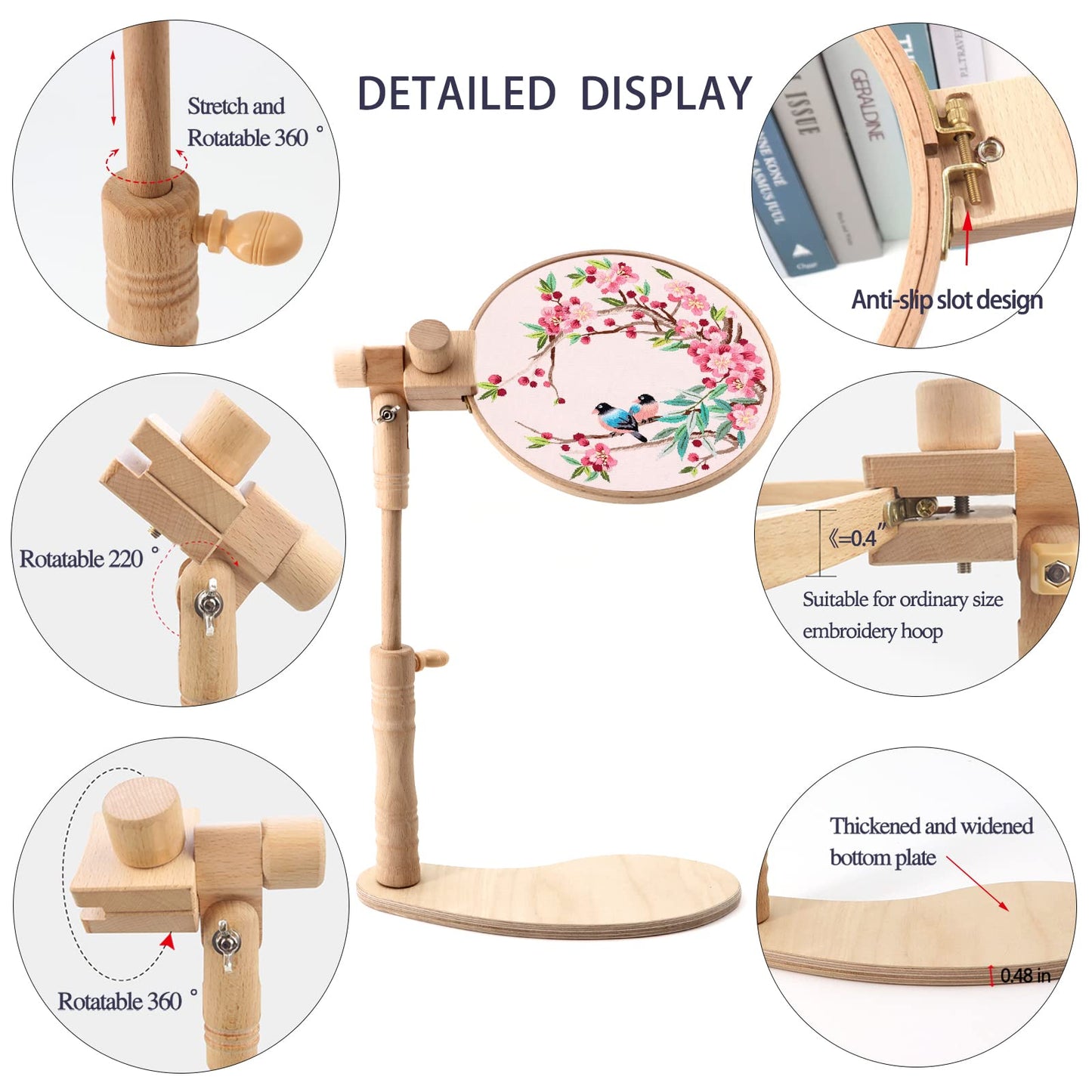 ZOCONE Beech Wood Adjustable Rotated Embroidery Hoop Stand with 2 Pcs 6'' 8'' Embroidery Hoops, Wooden Embroidery Stand, Embroidery Hoop Holder for Cross Stitch and Embroidery Project (A)