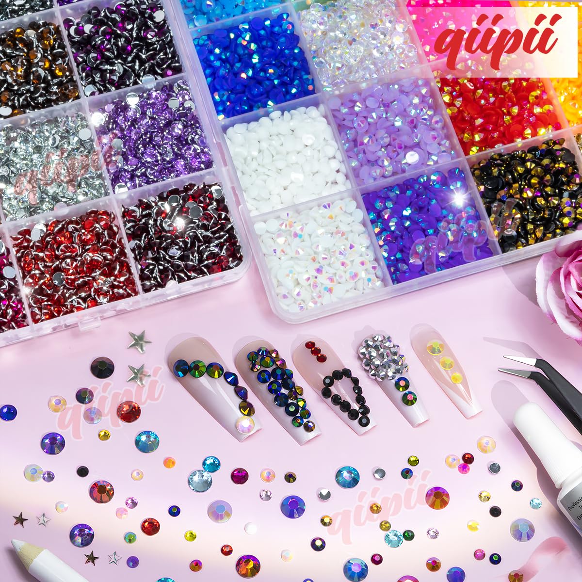 qiipii 48 Color 4mm Jelly AB & Crystal Colorful Resin Rhinestones for Bedazzling Crafting SS16 Flatback Stones Gems Diamonds Charms for Nails Eyes Face Makeup Beauty Tumblers Bottles DIY Crafts Shoes