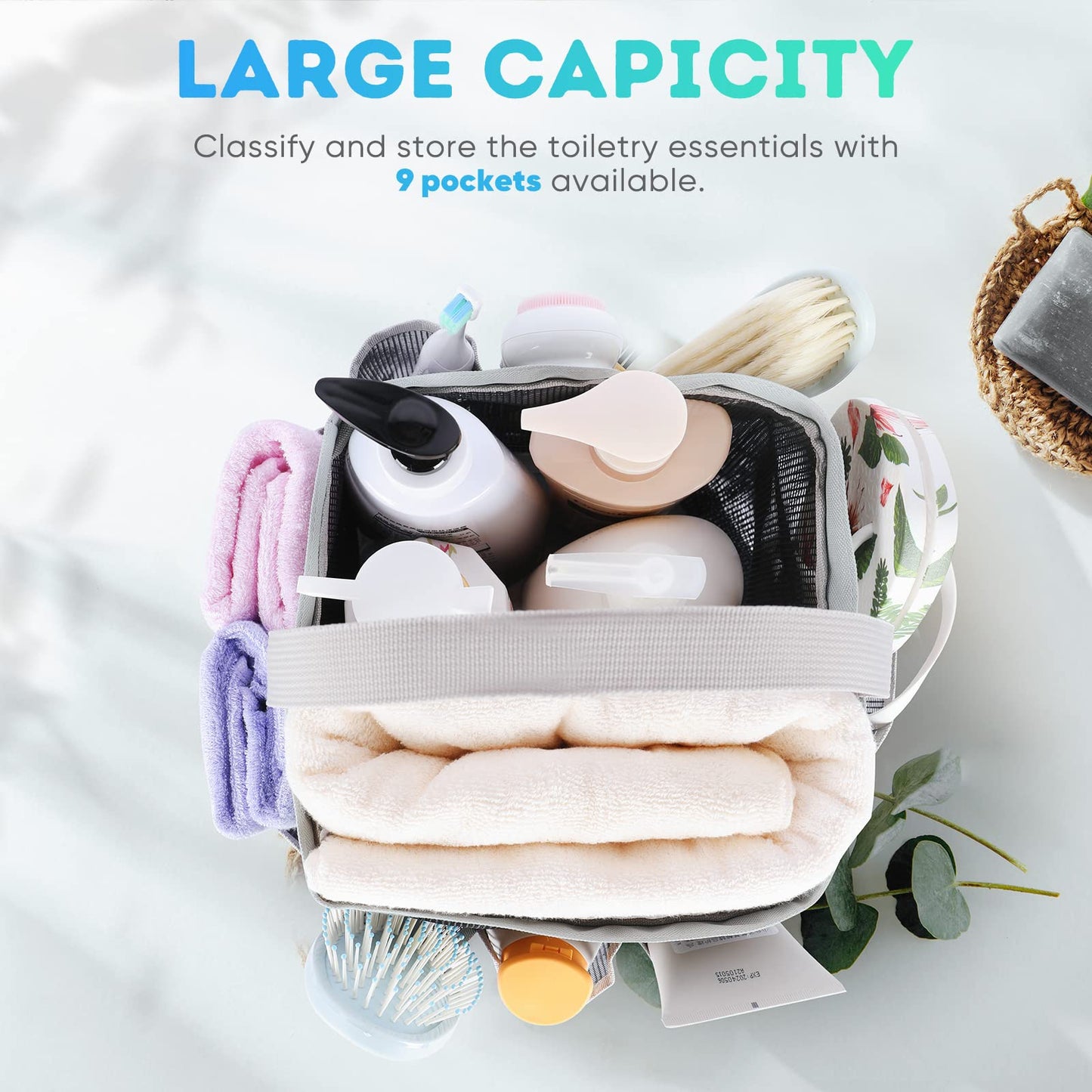 Mesh Shower Caddy Portable for College Dorm Room Essentials with 8-Pocket Large Capacity for Beach,Swimming,Gym-Grey