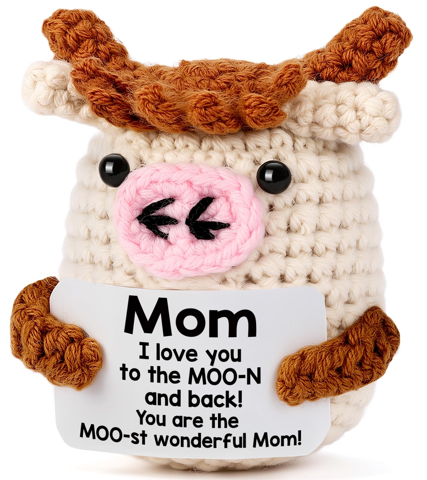 YUEYUQIU Mini Birthday Gifts for Mom from Daughter - Handmade Crochet Cow Moms Gifts for Mother’s Day Mama Mother in Law Bonus Step Mother Mommy - Funny I Love You Mom Present for Mothers Day