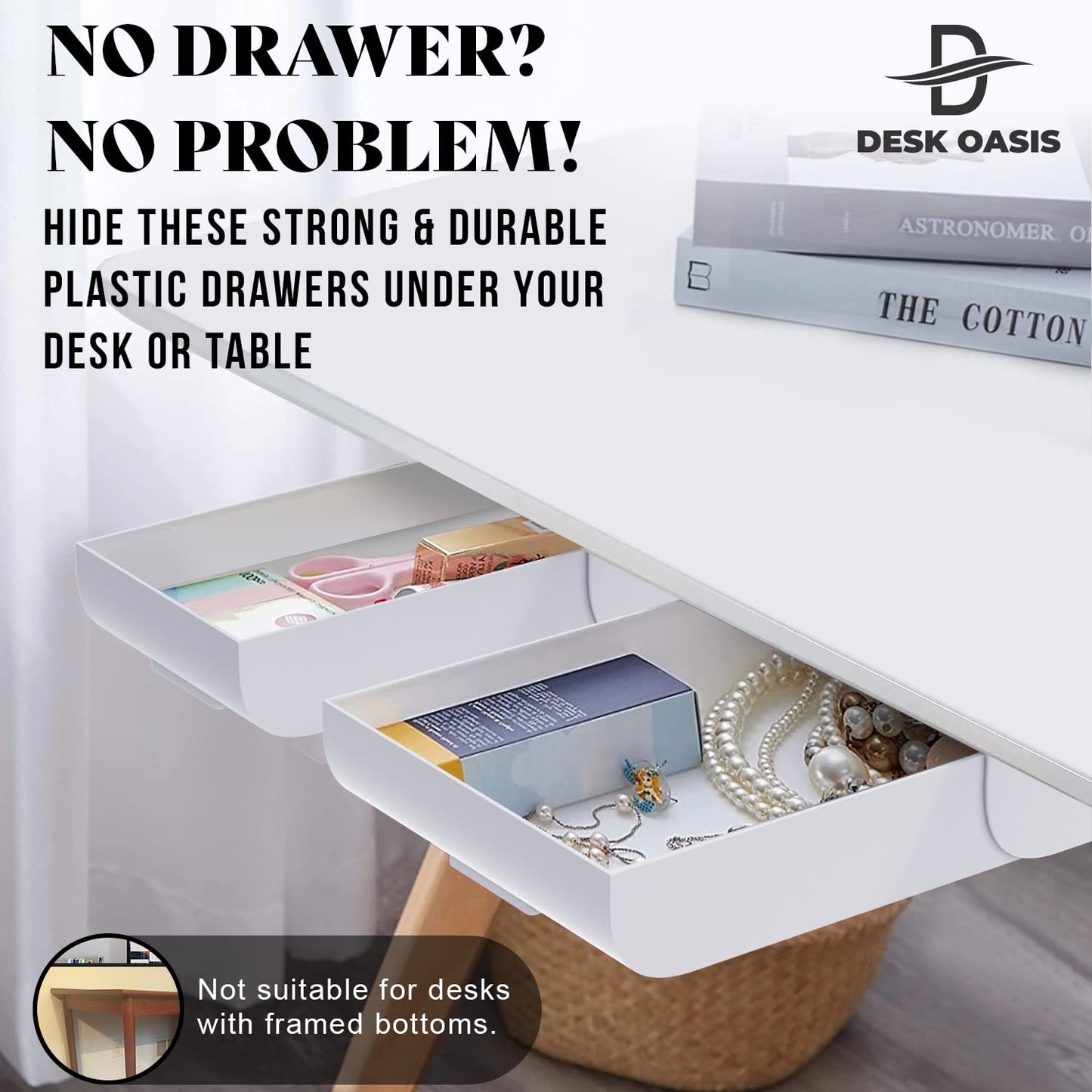 Desk Oasis 2 Pack Under Desk Storage, Plastic Desk Accessories, Slide Out Desk Drawer Attachment - Plastic Desk Accessories, Under Desk Drawer |Hidden Self Adhesive Drawer for office Home