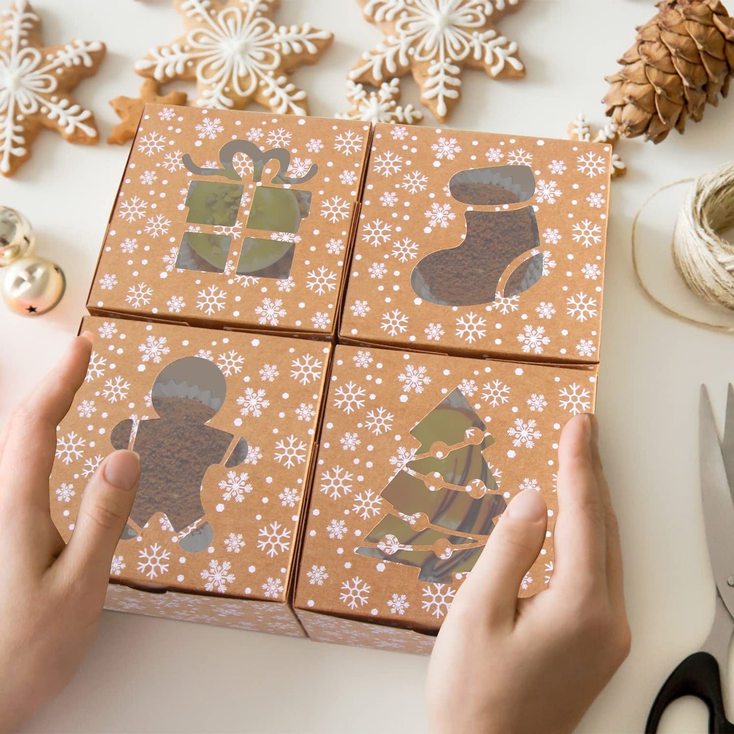 DERAYEE 24Pcs Christmas Cookie Boxes with Window, Holiday Bakery Gift Boxes Small kraft Boxes for Packaging Cupcakes, Candy, Goodies