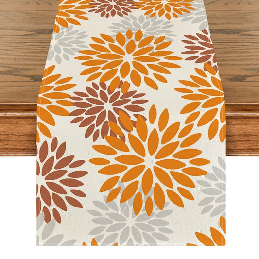Orange Dahlia Floral Pinnata Fall Table Runner, Seasonal Autumn Thanksgiving Kitchen Dining Table Decoration for Home Party Decor 13x72 Inch