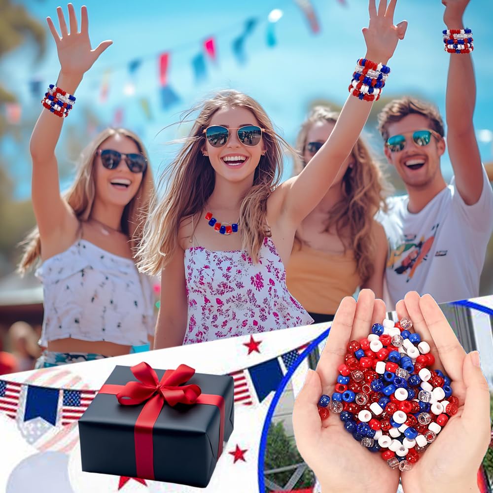 MIIIM 1000PCS 6x9mm Patriotic Pony Beads Bulk, 7 Styles Red White and Blue Kandi Beads for Bracelets Making Kit, Hair Braids Crafts for Jewelry Making (4th of July)