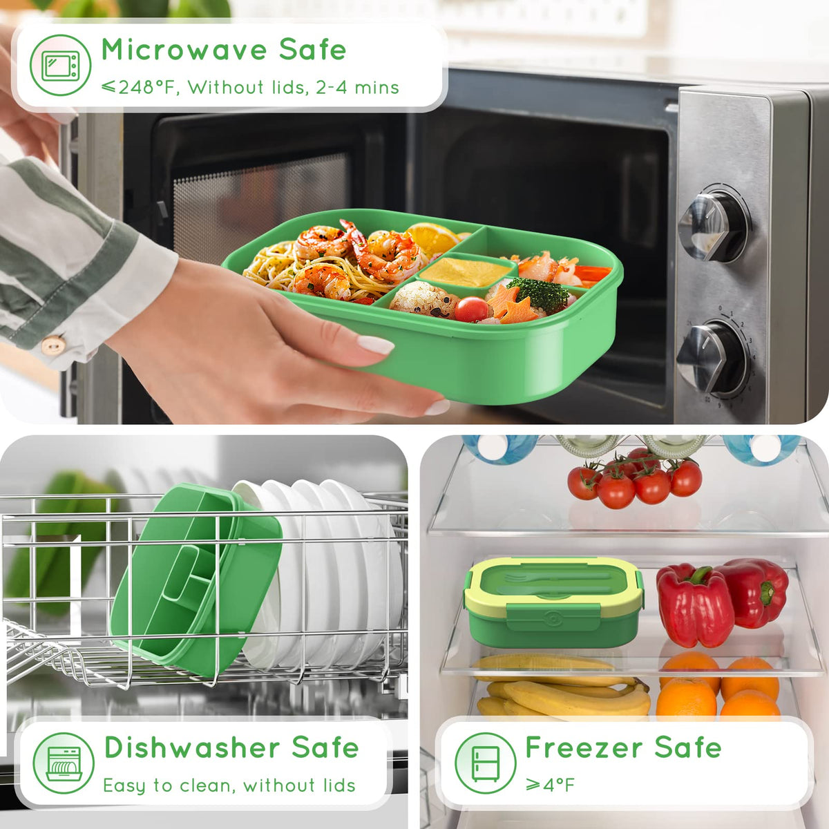 TIME4DEALS Bento Lunch Box Leakproof 44oz Kids Lunch Box Containers with 4 Compartment, Bento-Style Lunch Bento Box with Cutlery, Reusable Kid Back to School Meal/Snack Packing BPA Free (Green)