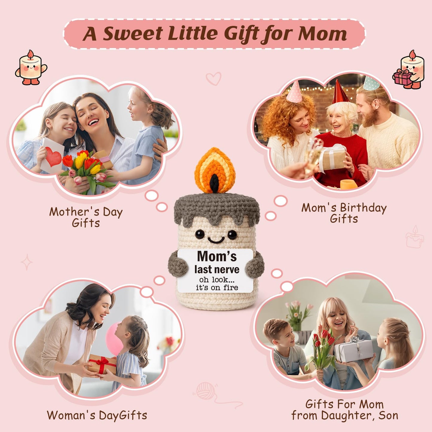 YUEYUQIU Funny Mom Gifts for Mothers Day - Birthday Gifts for Mom from Daughter Son, Cute Christmas Mother's Day Easter Candle Gift for Mother Mama Mommy - Handmade Crochet Mom's Last Nerve Candle