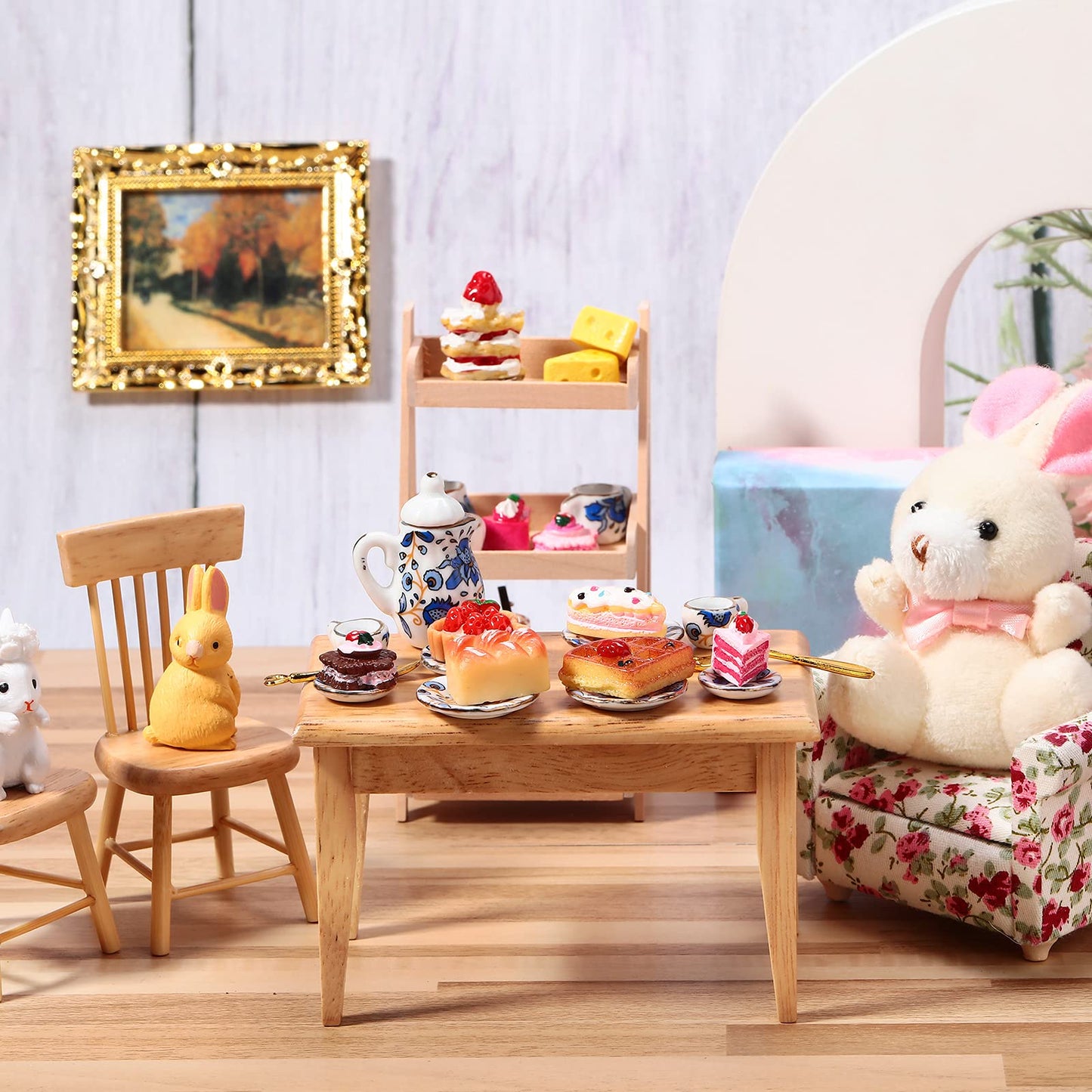 Geiserailie 2 Set 1:12 Dollhouse Miniature Porcelain Tea Cup 30 Pieces Mini Flowers Pattern with Golden Trim Teapot Cup Plate Dollhouse Kitchen Accessories (Charming Style)