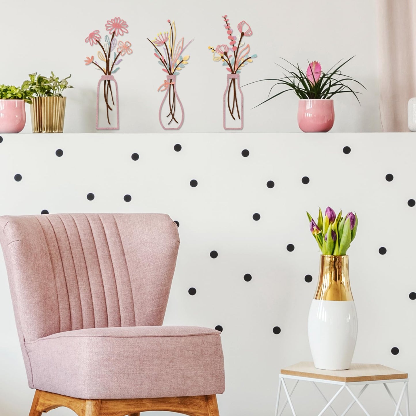 3 Pieces Metal Flowers Wall Arts - Rustic Farmhouse Style Décor Metal Wall Art Black Minimalist Flower Natural Themed Wall Decors for Home Bedroom Dining Room Housewarming (Pinkish)