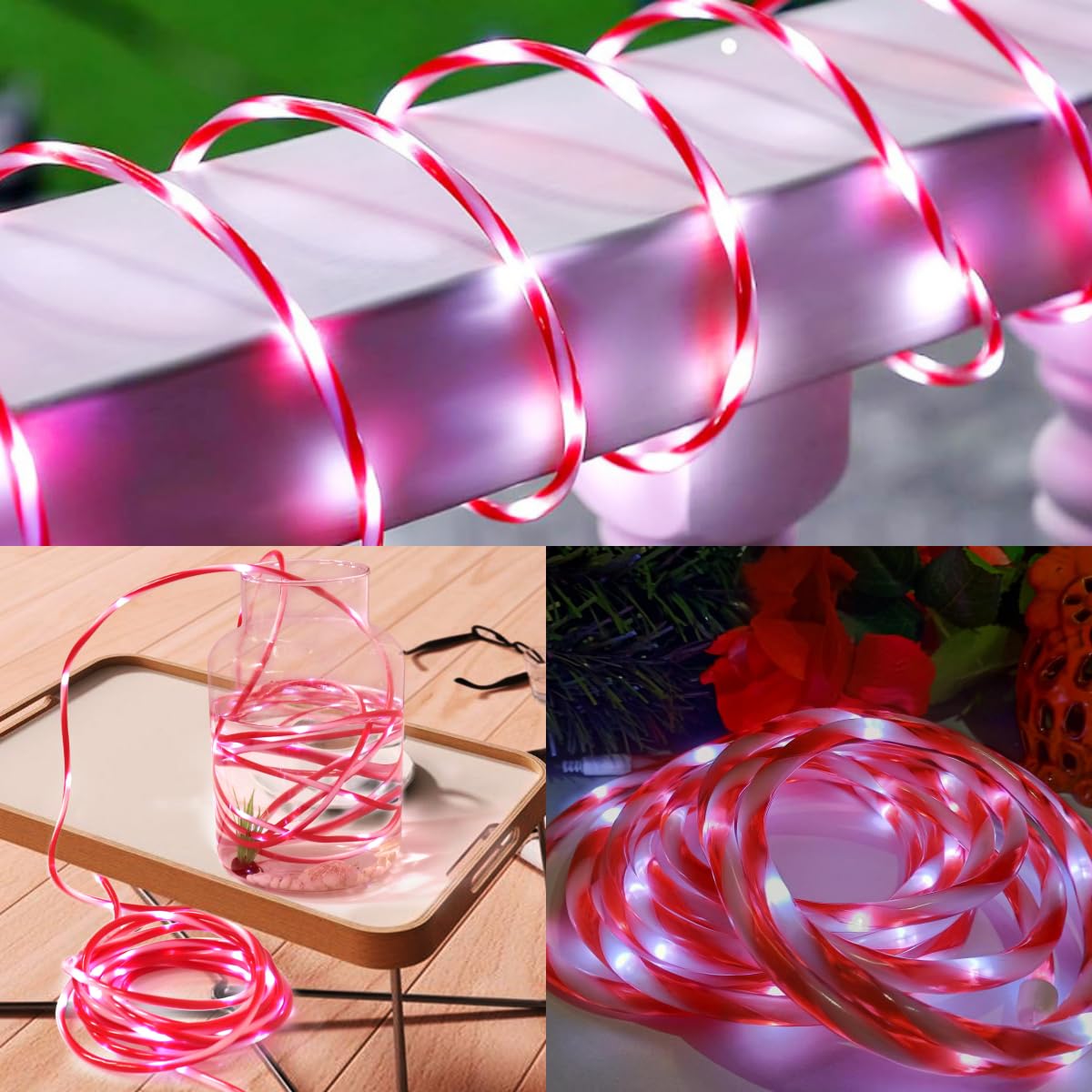 Solar Christmas Candy Cane Rope Lights, 2 Packs Each 33ft 100 LED Red & White Solar Rope Light Outdoor Waterproof Decorations String Tube Lights