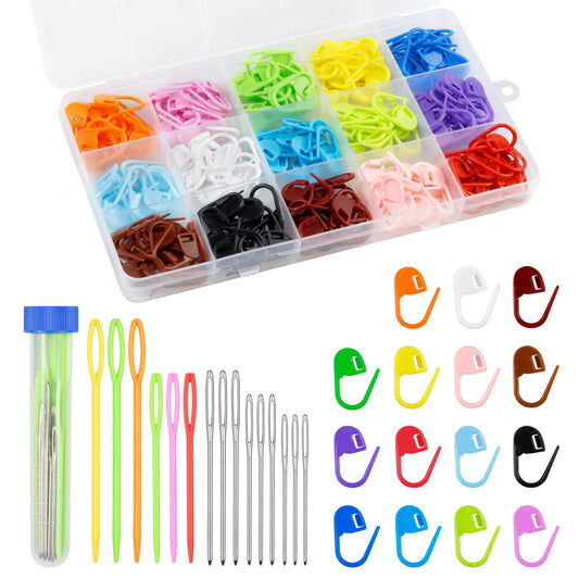 220/900 Pieces Stitch Markers,with 15 Pcs Large Eye Blunt Sewing Needles,Colorful Crochet Stitch Markers for Knitting Stitch Locking Clips Crochet Pins with Storage Box