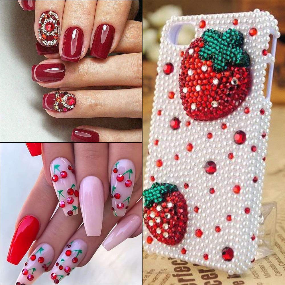 OUTUXED 5040pcs Red Flatback Rhinestones for Crafting, Crystal Round Gems for Nail Art DIY Crafts Clothes Bags, 6 Mixed Size Hotfix Rhinestones with Tweezers and Picking Rhinestones Pen