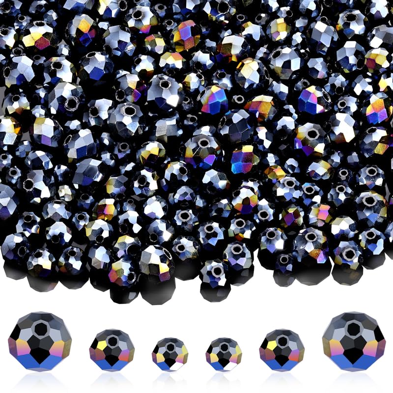 600 Pcs Crystal Glass Beads for Jewelry Making Bulk Faceted Gemstone Rondelle Loose Beads for Bracelet DIY Crafts 8 mm, 6 mm, 4 mm(Black AB Color)