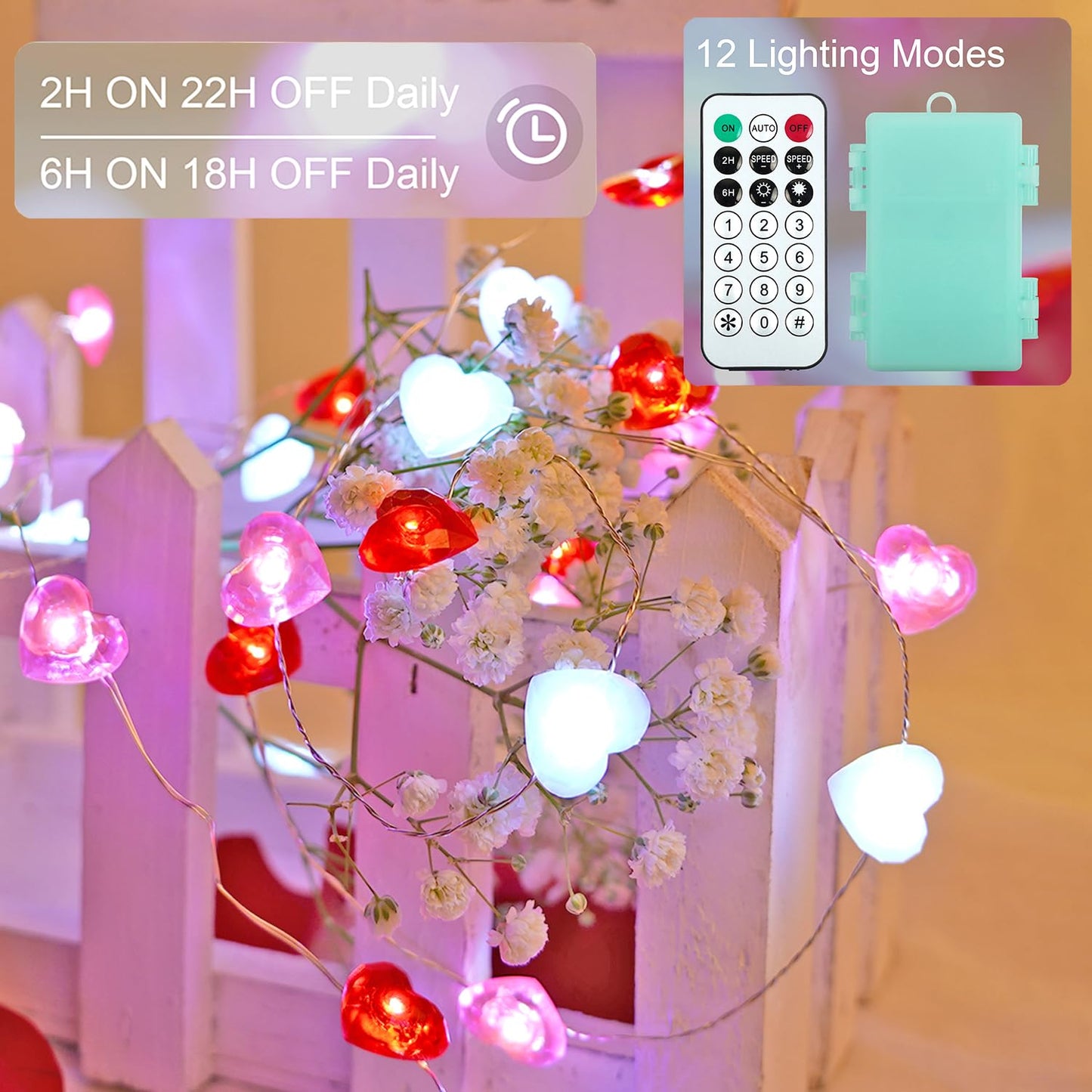 Libreath Valentines Day Decor 10 ft 40 LEDs Red White Pink Heart String Lights Battery Operated Garland Valentines Day Lights with Timer Valentines Day Decorations for The Home Indoor Mother's Day
