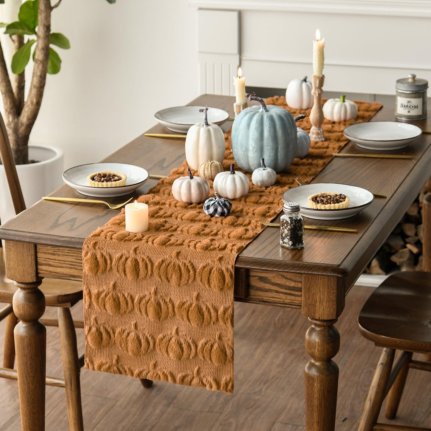 Caramel Soft Plush Faux Fur Jacquard Pumpkins Fall Table Runner, Seasonal Autumn Kitchen Dining Table Decoration for Home Party Decor 13x72 Inch