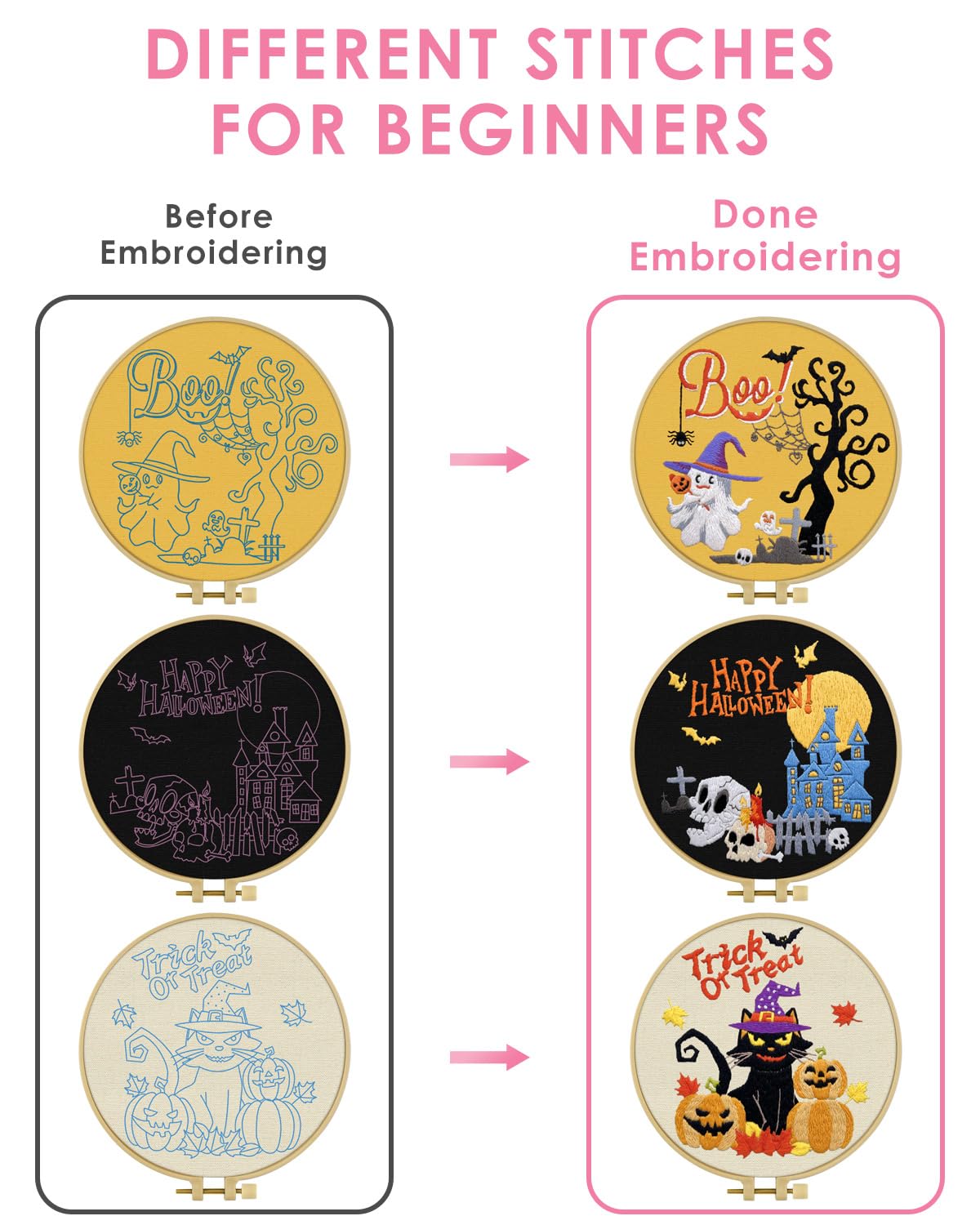 TINDTOP Halloween Embroidery Kit for Adult Beginners, 3 Sets Embroidery Stitch Practice kit Include Embroidery Cloth Hoops Threads for Craft Lover Hand Stitch