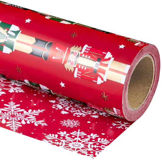 30 Inch Jumbo Reversible Nutcracker Christmas Wrapping Paper - 30 Inch x 33 Feet - Red Nutcracker and Snowflake Wrapping Paper for Christmas, Holiday, Party