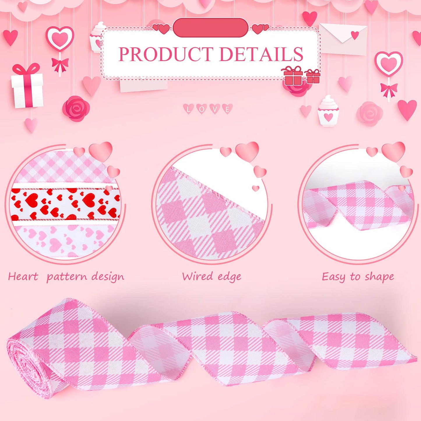 6 Rolls 30 Yards Valentine‘s Day Wired Ribbon 2.5 Inch Heart Printed Valentine Burlap Wired Ribbon Checkered Buffalo Plaid for Wreath Bow Craft Decor