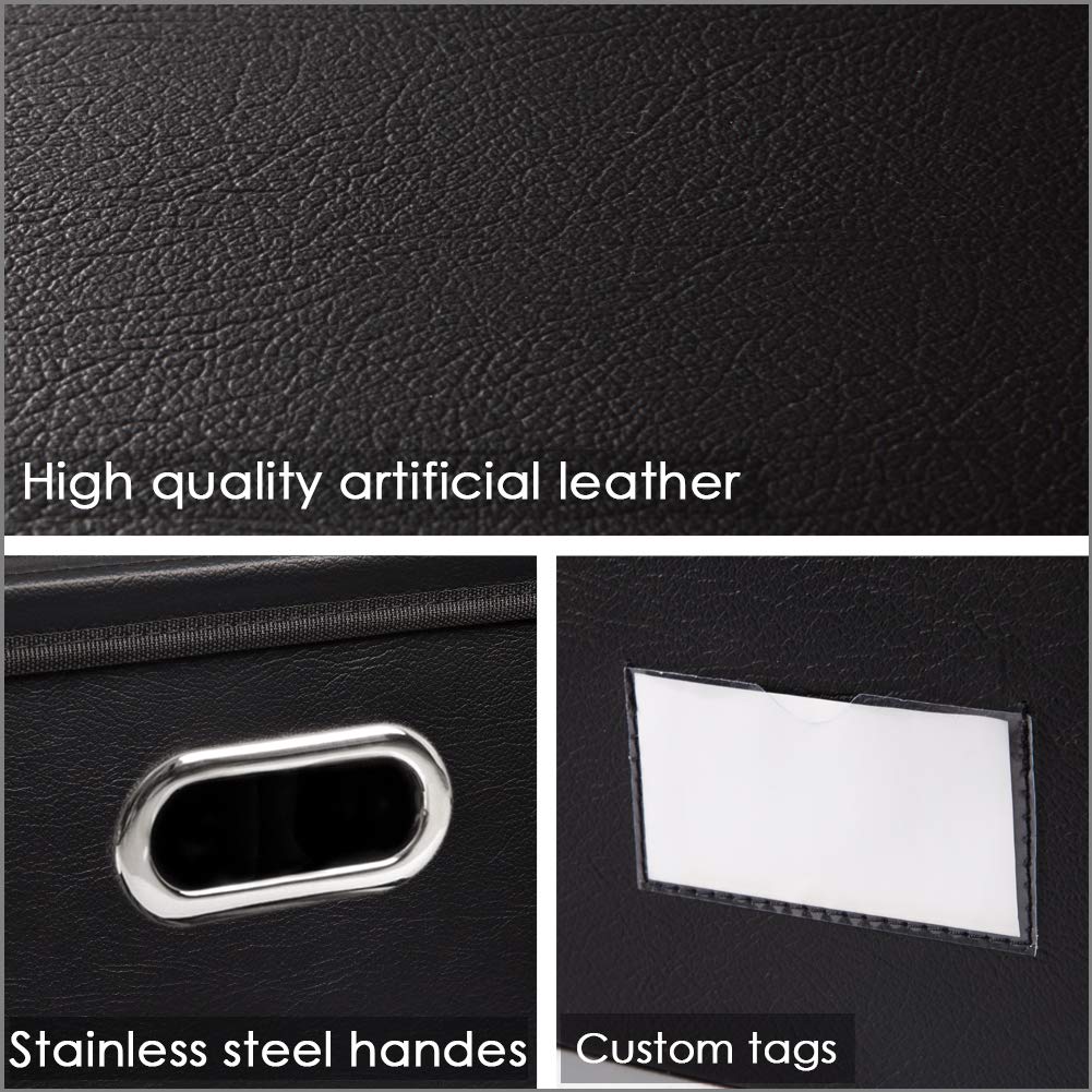 Large Collapsible Storage Bin with Lid [1-Pack] Leather Fabric Foldable Storage Box Organizer Containes Basket Cube with Cover for Home Bedroom Closet Office Nursery Black (17.7x11.8x11.8)