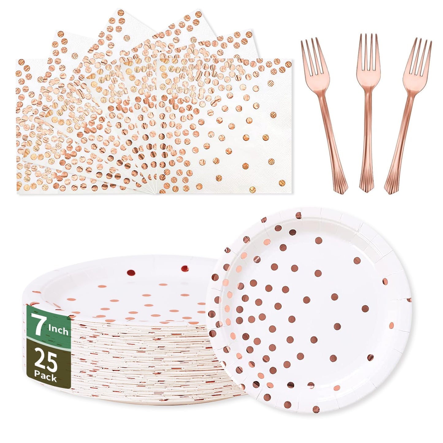 Rose Gold Paper Plates and Napkins Tableware Set-25 x 7''Dessert Plates & 25 x 6.5''Napkins & 25 x 7.3'' Forks,Rose Party Supplies for Birthday,Wedding,Bridal Showers,Anniversary(Serve 25)