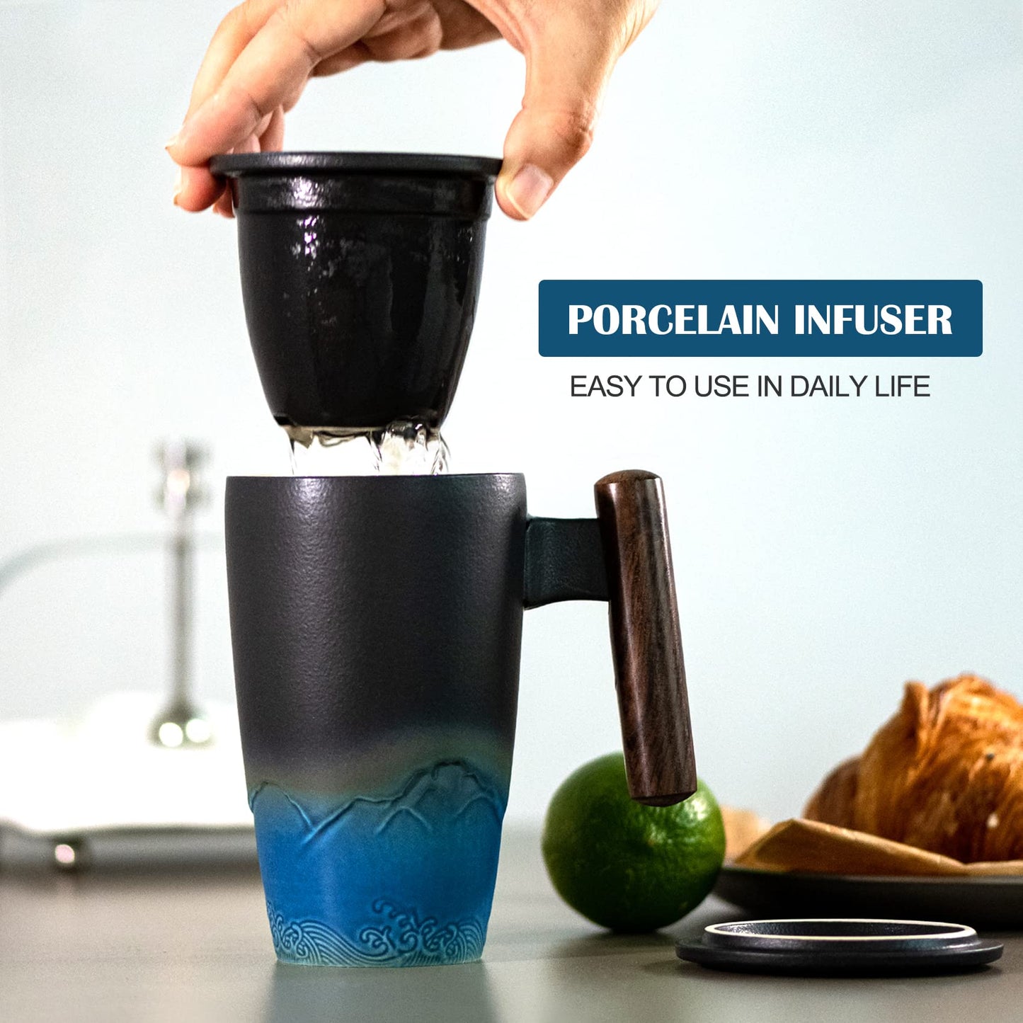 Tomotime Ceramic Tea Cup with Infuser and Lid Tea Mugs Wooden Handle 400ml/13.5oz Black cyan