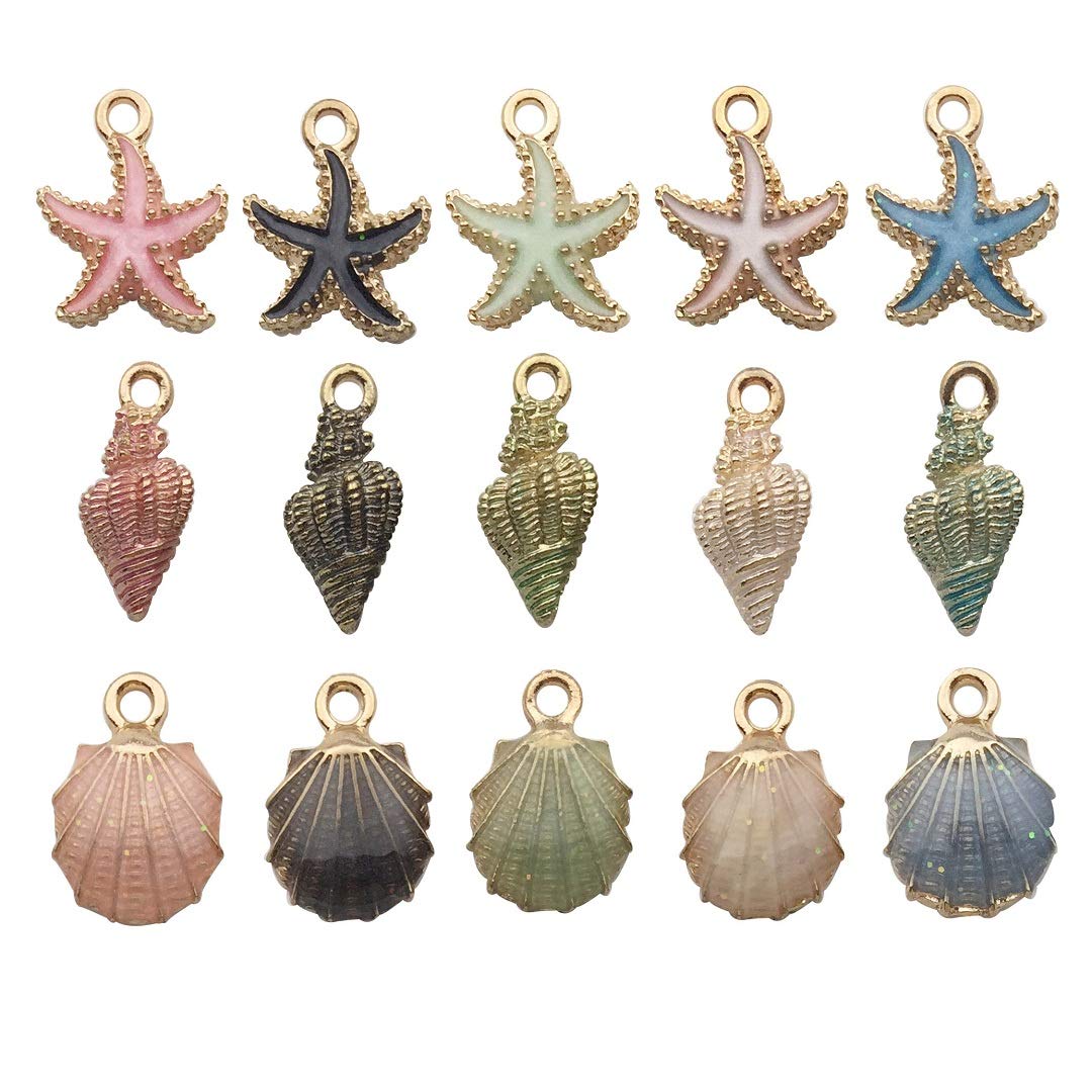 30pcs Assorted Gold Plated Enamel Ocean Starfish Conch Shell Charm Pendant for DIY Jewelry Making Necklace Bracelet Earring DIY Jewelry Accessories Charms (M156)