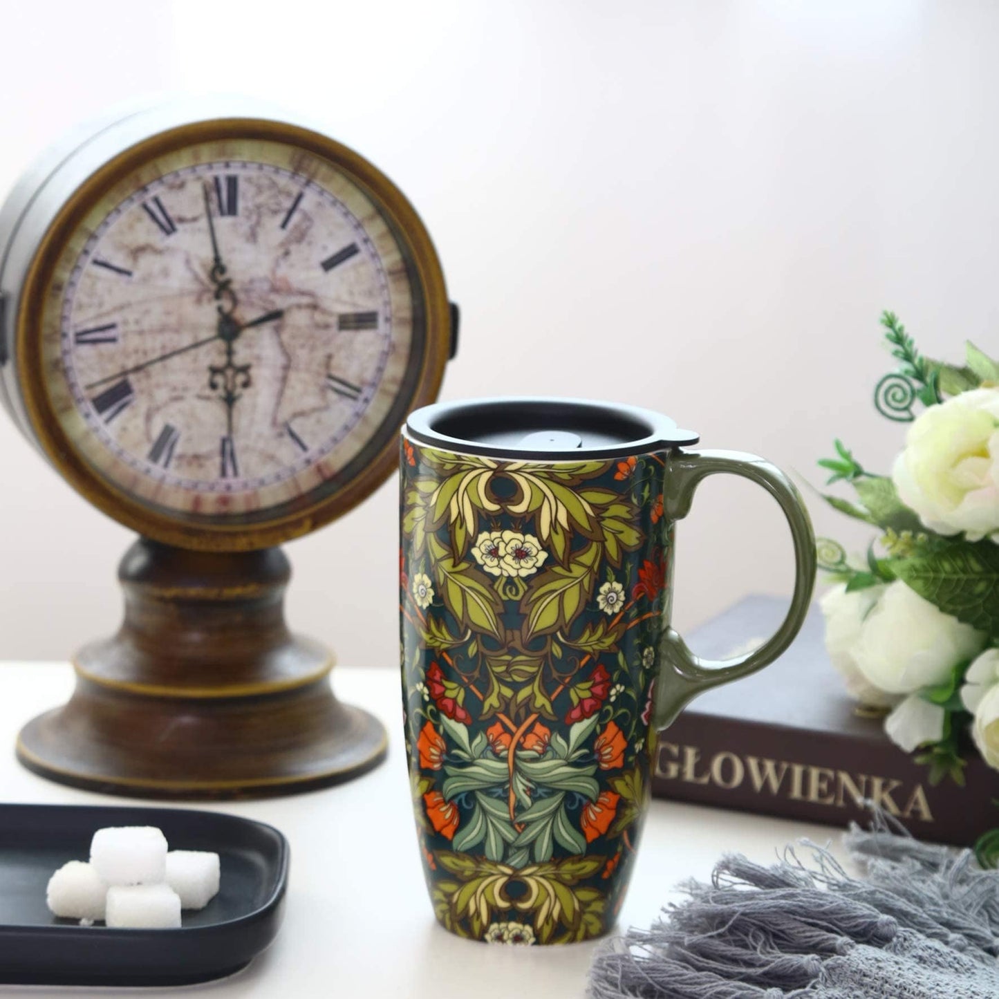 Coffee Ceramic Mug Porcelain Latte Tea Cup With Lid 17oz. Green