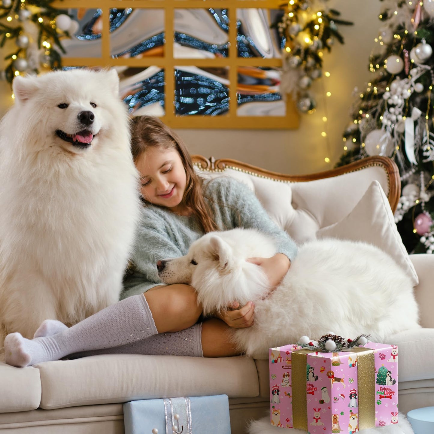 Cuitpan Pink Dog Christmas Wrapping Paper - Xmas Gift Wrap with Christmas Trees, Dog Breeds, Paw Prints & Snowflakes Design- Perfect for Kids & Adults Gift Wrapping - 40×28 Inches, 4 Folded Sheets