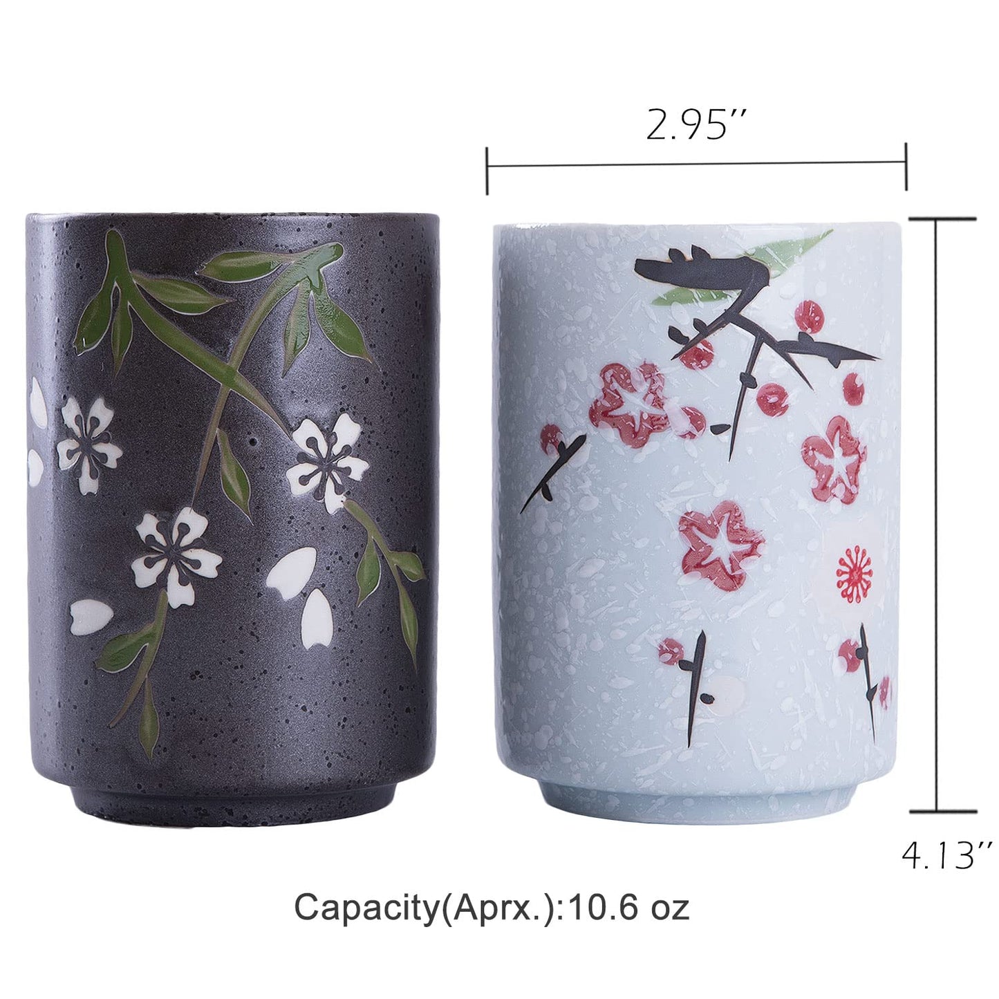 10oz Transitional Chinese/Japanese style Handle-less Ceramic Tea cups teacup, Flora Pattern Set of 2