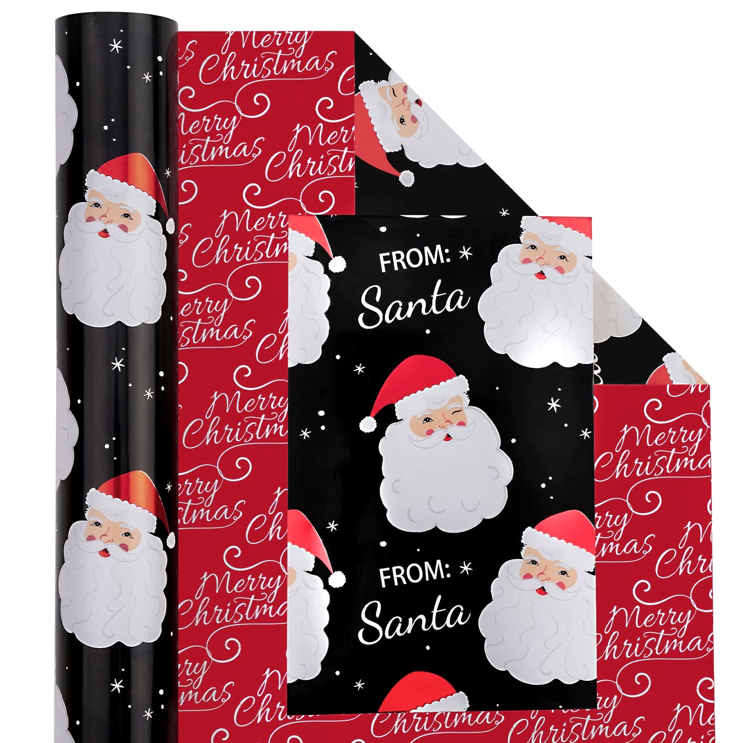 Reversible Vintage Christmas Wrapping Paper - Mini Roll - 17 Inch x 33 Feet - Black Jolly Santa Wrapping Paper and Red Merry Christmas Design with Metallic Foil Shine for Holiday, Party