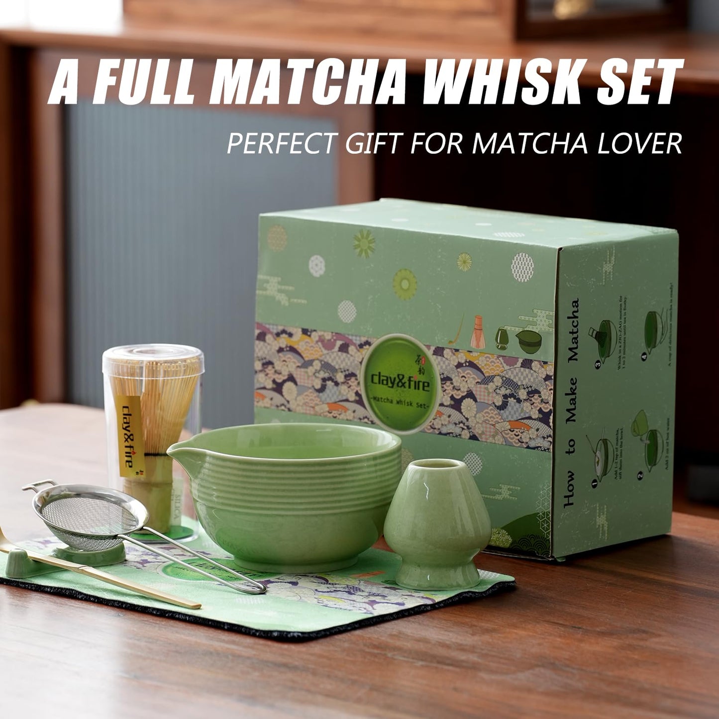 Matcha Whisk Set, Ceramic Matcha Set, Matcha Bowl with Spout and Whisk, 9 pcs Matcha Tea Kit for Matcha Lovers, Ideal Gift Christmas, Birthday (Green)