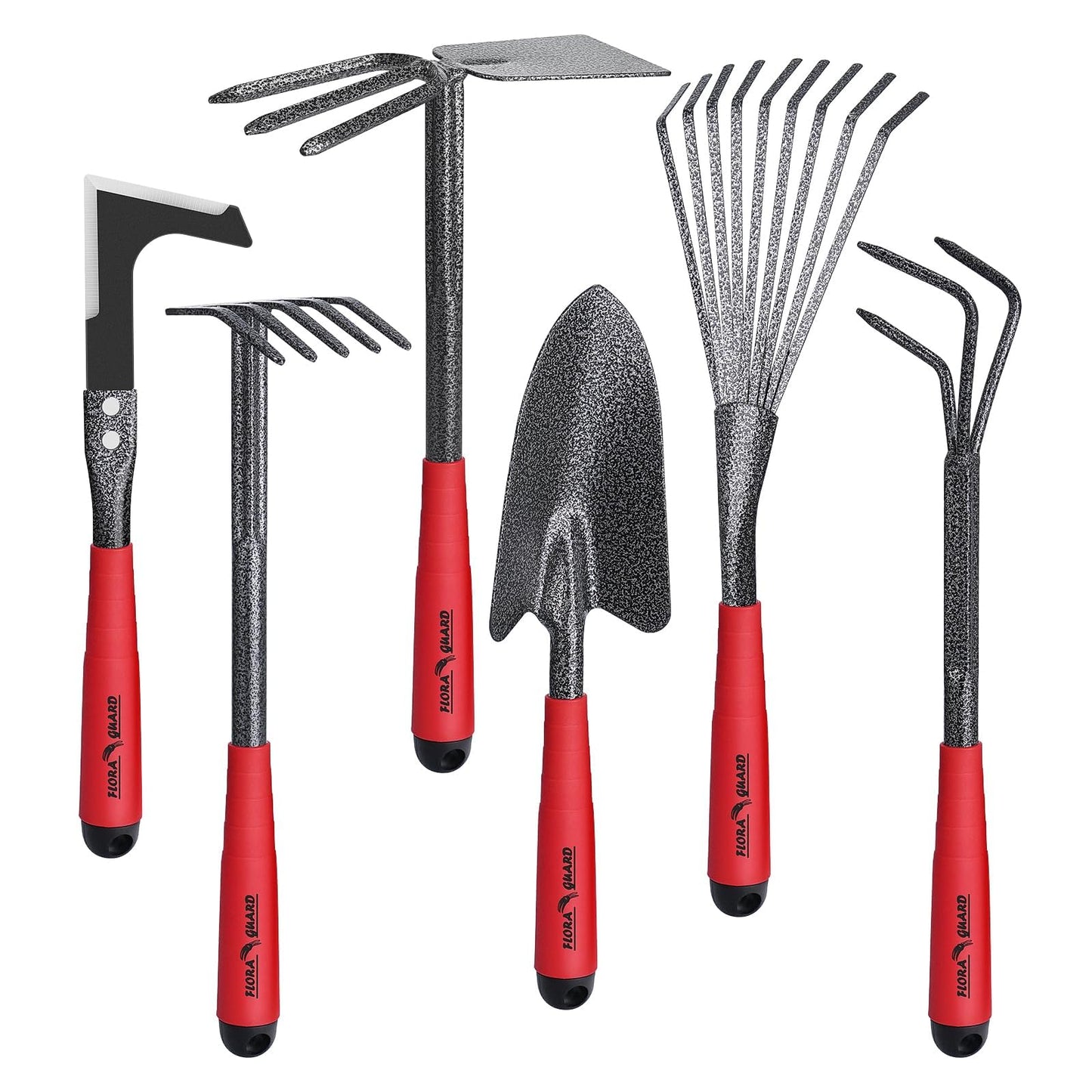 FLORA GUARD 6-Piece Garden Tool Set, Heavy Duty Gardening Hand Tools,Includes Trowel, Rake, 2-in-1 Hoe & Crack Weeder, Durable Yard Gardening Tools, Ideal Gardening Gift for Men & Women