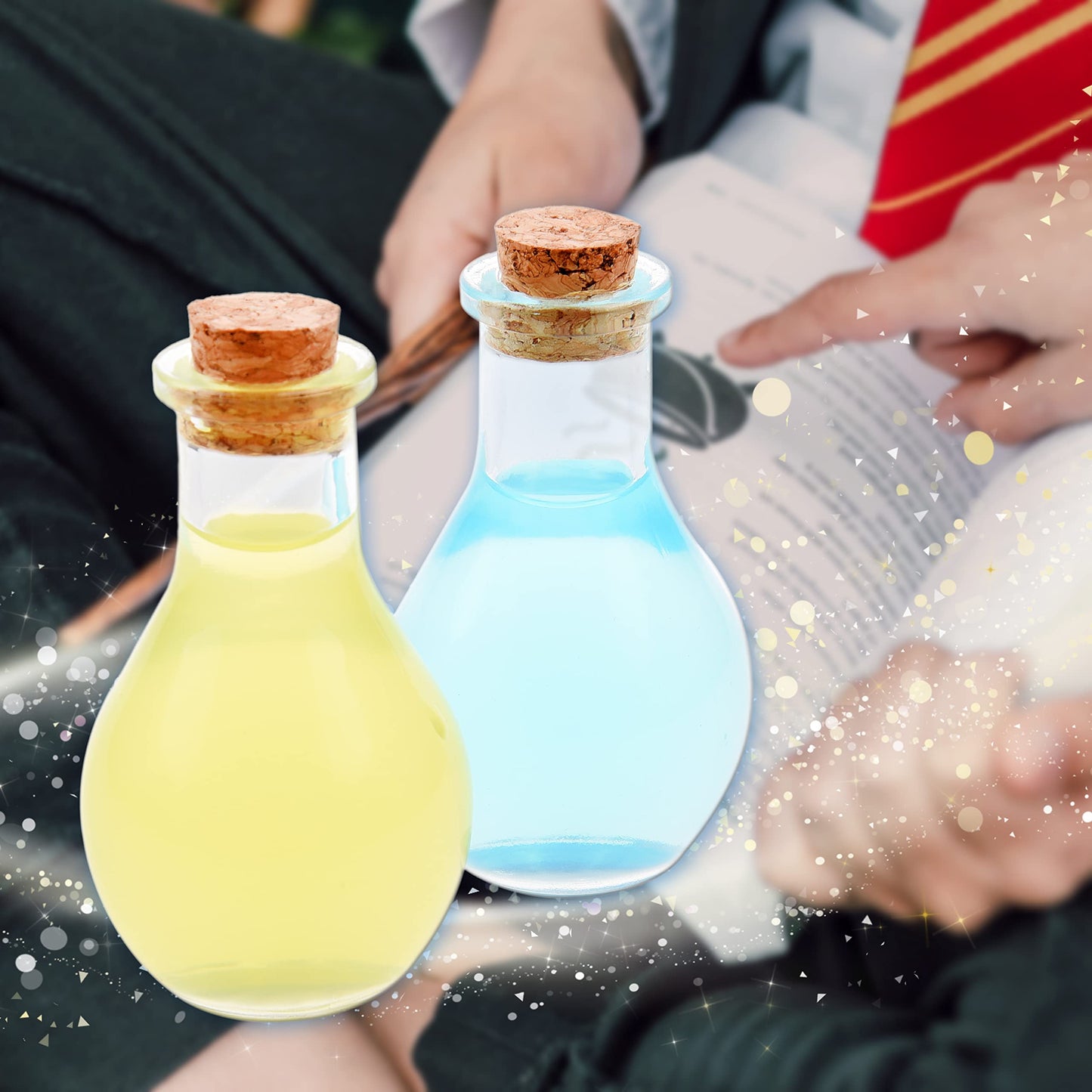 Eco-Fused Cosplay Potion Bottle 2x (Big/Small) - Clear Spherical Cosplay, Wizard, Witch Costume Accessory - Incl. Cork Stopper, Black Faux Leather Sleeve Holder, Belt Loop