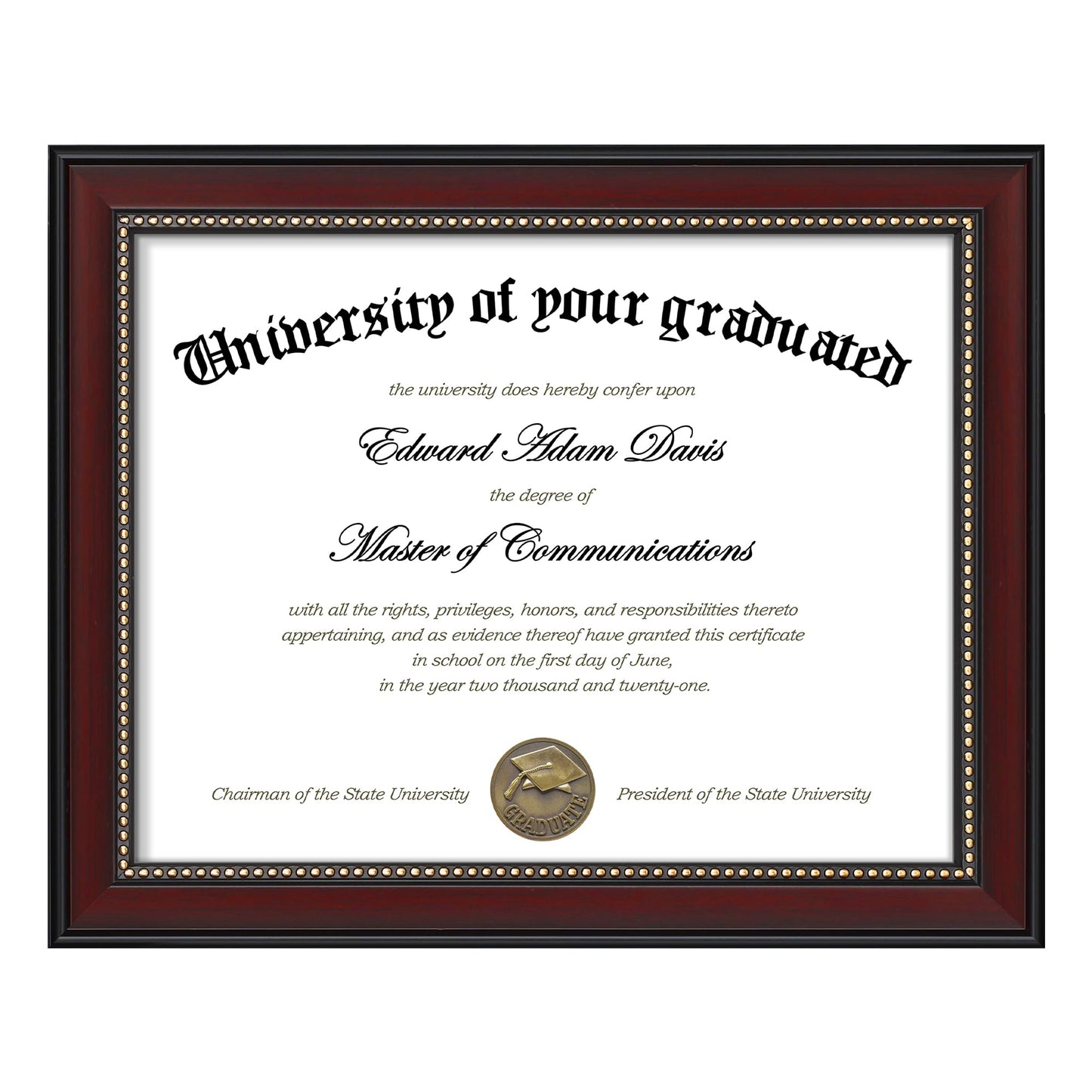 8.5x11 Diploma Certificate Frame with High Definition Glass, Degree Document Frame for Wall and Tabletop, Mahogany with Gold Beads, 1 Pack