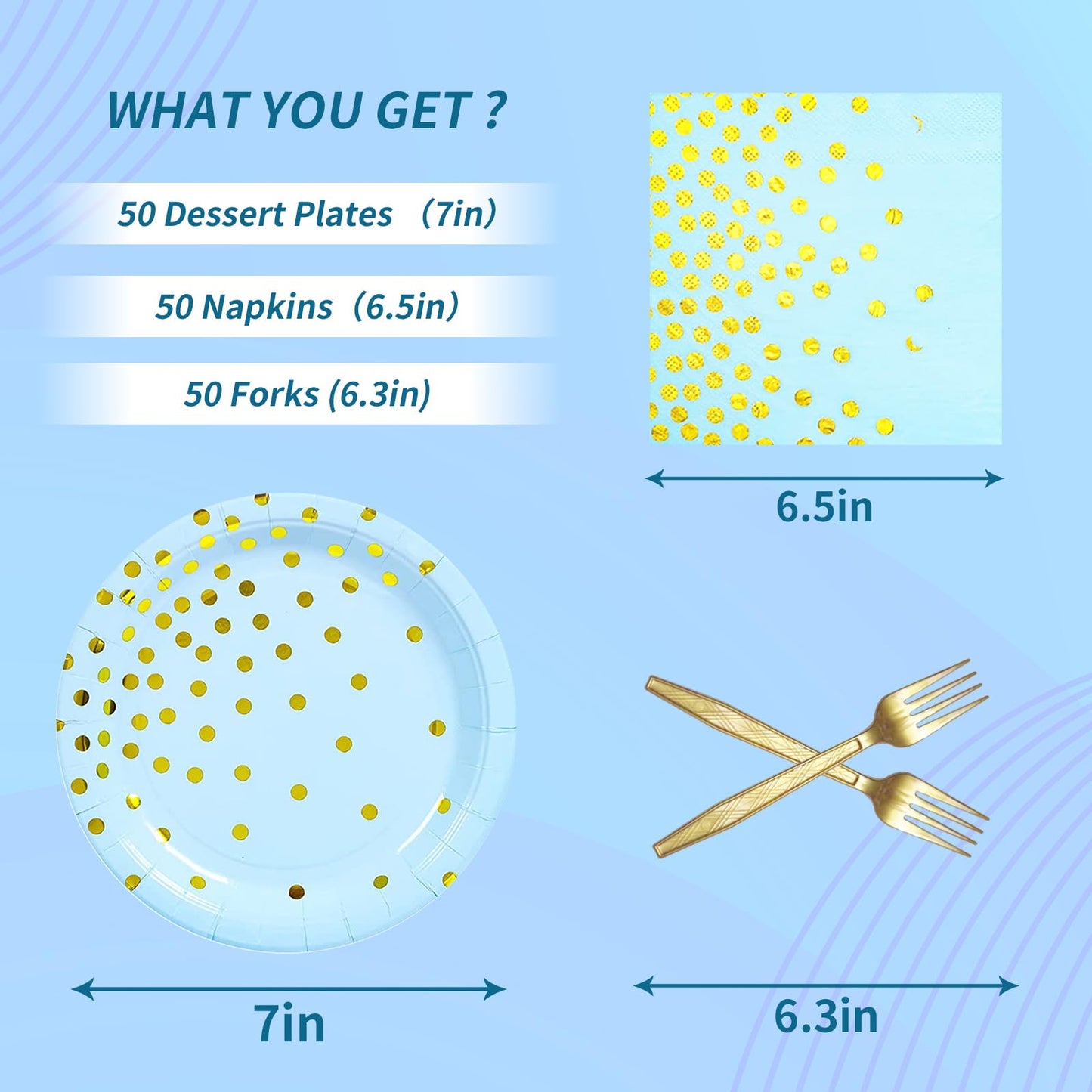 Blue Gold Paper Plates and Napkins Party Supplies - 50 x 7''Dessert Plates & 50 x 6.5''Napkins & 50 x 7.3''Forks,Disposable Tableware Set for Baby Showers,Birthday,Wedding,Bridal Shower,Anniversary