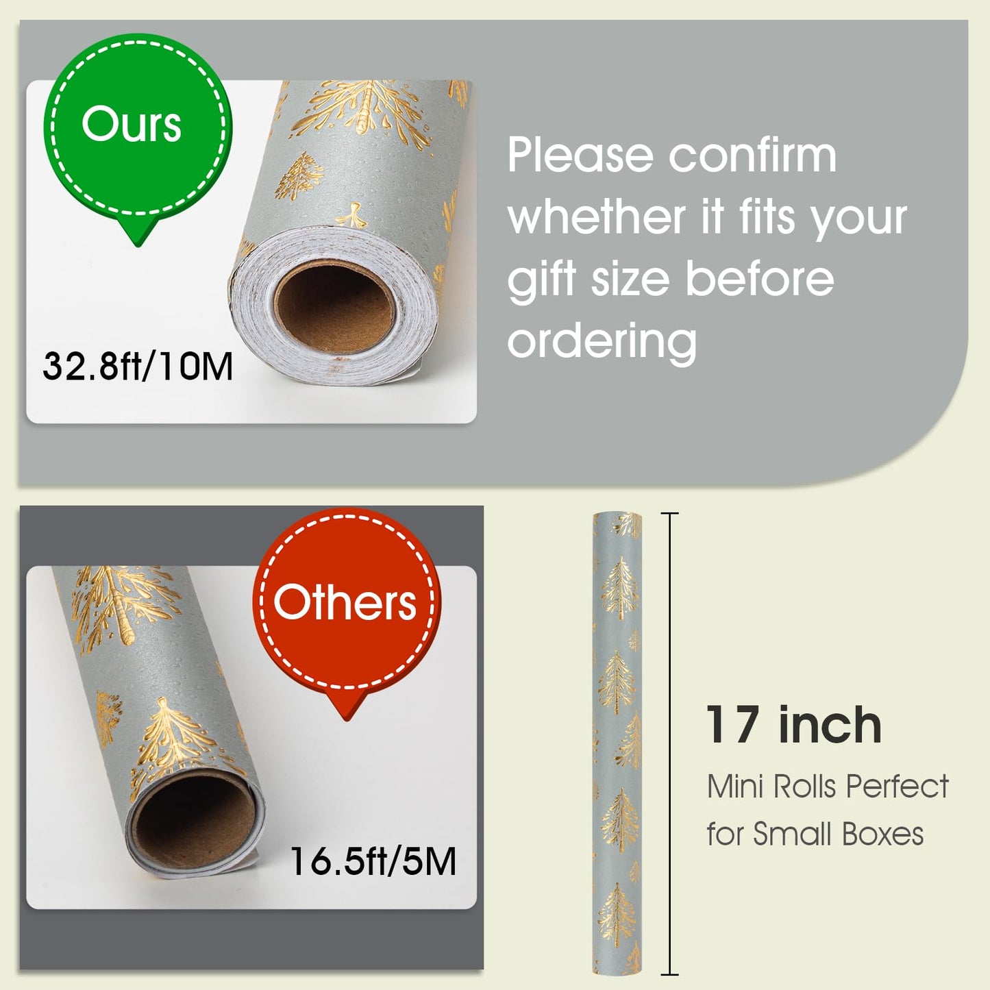 Kraft Christmas Wrapping Paper,Gray and Gold 3D Embossed Foil Christmas Tree with Woodlands Wrap Paper for Holiday, Party,Celebration, New Year (17 Inch X 32.8 Feet)