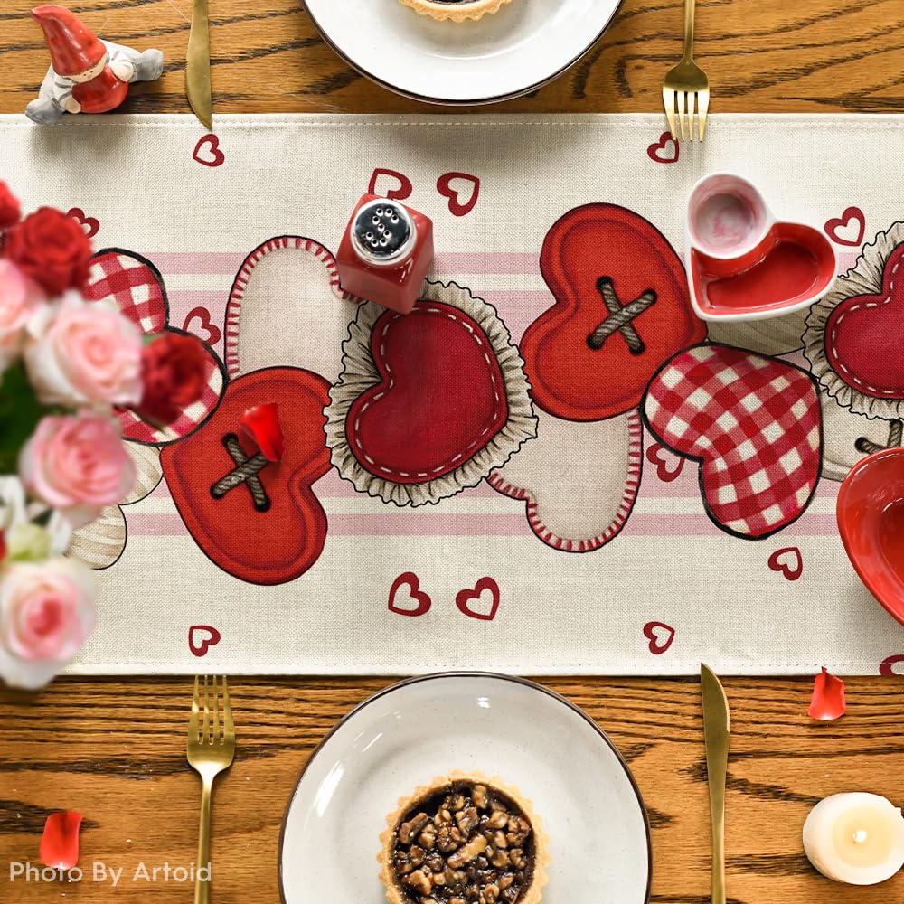 Artoid Mode Heart-Shaped Buttons Valentine's Day Table Runner, Seasonal Kitchen Dining Table Decoration for Indoor Home Party 13x72 Inch