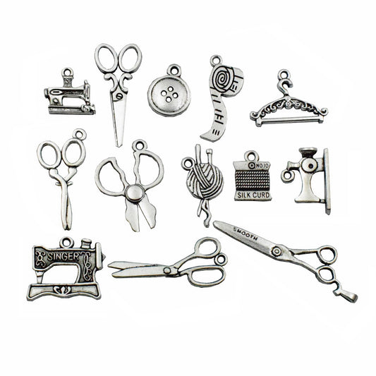 Sewing Charms Collection-100g About (60-65pcs) Antique Silver Craft Supplies Sewing Charms Pendants for Crafting, Jewelry Findings Making Accessory for DIY Necklace Bracelet (M003)